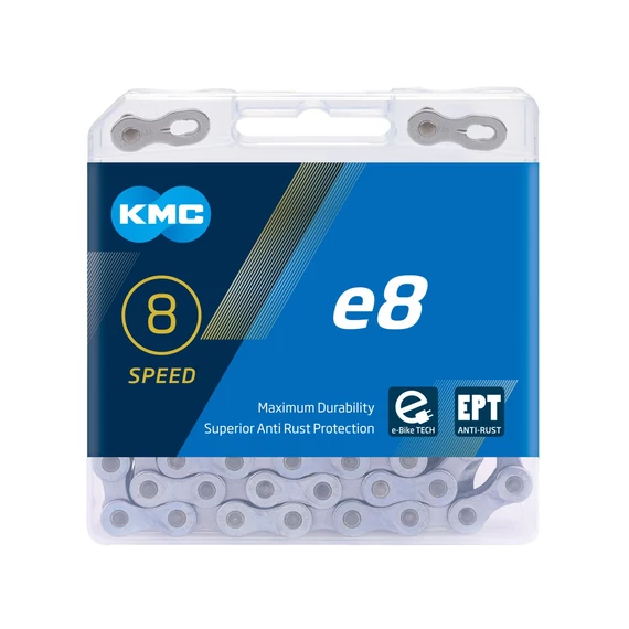 Lánc KMC E8 6-7-8 sebességes e-bike 1/2 x 3/32 136L ezüst/fekete kerékpáros