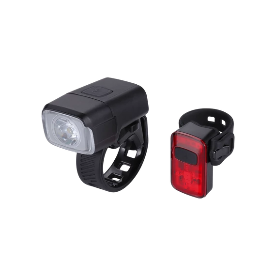 BBB Cycling kerékpáros lámpa szett BLS-164 NanoStrikeCombo, 400 és 10 lumen, 6 és 4 mód, micro USB tölthető 1000 és 300 mAh akku (első és hátsó), gumis felfogatással (BLS-134 helyettesítője)